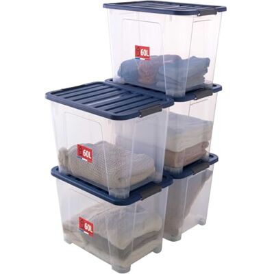 Sundis Wave Box, set van 5 opbergdozen met klikdeksel, 60 l, van transparante kunststof, stapelbaar en stapelbaar, ideaal voor het opbergen van slaapkamer, speelgoed, kantoor, zolder of garage Sundis Wave Box, set van 5 opbergdozen met klikdeksel, 60 l, van transparante kunststof, stapelbaar en stapelbaar, ideaal voor het opbergen van slaapkamer, speelgoed, kantoor, zolder of garage