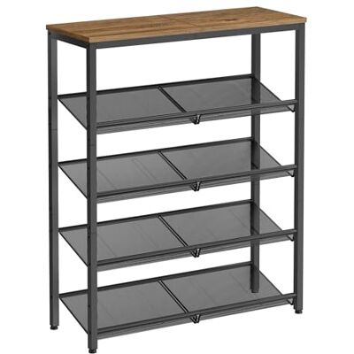 VASAGLE Schoenenrek met 5 niveaus met planken en grote bovenkant, verstelbare mesh-planken, ruimtebesparend, voor entree, hal, staal, industrieel, honingbruin en inktzwart LBS038K01 VASAGLE Schoenenrek met 5 niveaus met planken en grote bovenkant, verstelbare mesh-planken, ruimtebesparend, voor entree, hal, staal, industrieel, honingbruin en inktzwart LBS038K01
