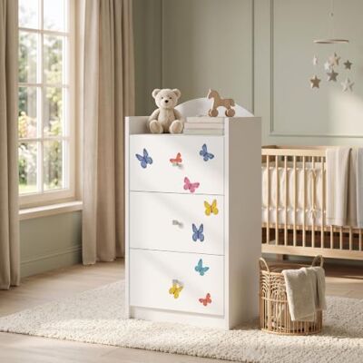Happy Babies Kindercommode wit met 3 laden, ladekast met mooie print, waskast voor kinderkamer, babykamer, uniseks, nr. 3 Happy Babies Kindercommode wit met 3 laden, ladekast met mooie print, waskast voor kinderkamer, babykamer, uniseks, nr. 3