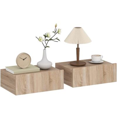 HOMCOM Set van 2 nachtkastjes met schuiflade, 40 x 30 x 15 cm, eiken Hangende nachtkastjes, moderne stijl, voor slaapkamer HOMCOM Set van 2 nachtkastjes met schuiflade, 40 x 30 x 15 cm, eiken Hangende nachtkastjes, moderne stijl, voor slaapkamer