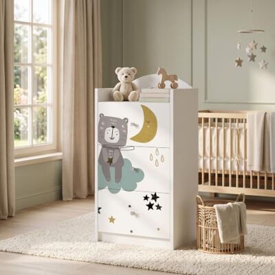 Happy Babies Kindercommode wit met 3 laden, ladekast met mooie print, waskast voor kinderkamer, babykamer, uniseks, nr. 408 Happy Babies Kindercommode wit met 3 laden, ladekast met mooie print, waskast voor kinderkamer, babykamer, uniseks, nr. 408