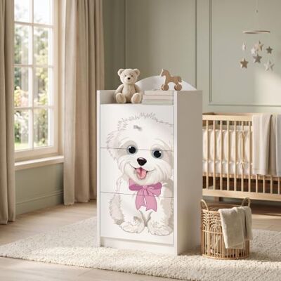 Happy Babies Kindercommode wit met 3 laden, ladekast met mooie print, waskast voor kinderkamer, babykamer, uniseks, nr. 19 Happy Babies Kindercommode wit met 3 laden, ladekast met mooie print, waskast voor kinderkamer, babykamer, uniseks, nr. 19