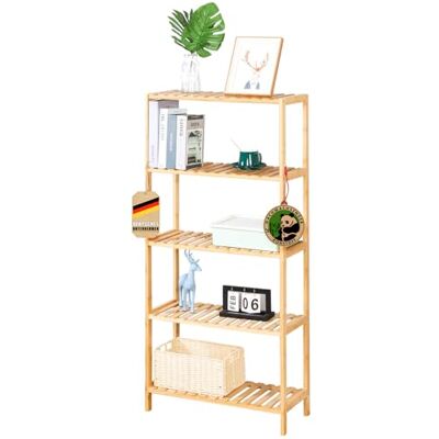 Floordirekt Smal bamboe rek voor badkamer, slaapkamer, woonkamer, houten rek met 5 etages, 60 x 26 x 130 cm (Ohio) Floordirekt Smal bamboe rek voor badkamer, slaapkamer, woonkamer, houten rek met 5 etages, 60 x 26 x 130 cm (Ohio)