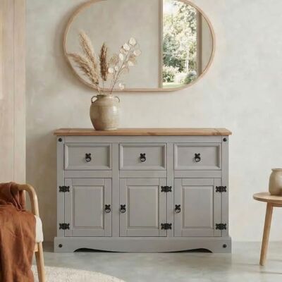 IDIMEX Ramon Eetkamerdressoir, L 125 cm, van massief hout, grijs en bruin, opbergkast voor volwassenen, 3 laden en 3 deuren met metalen handgrepen, commode Mexicaanse stijl, landhuis IDIMEX Ramon Eetkamerdressoir, L 125 cm, van massief hout, grijs en bruin, opbergkast voor volwassenen, 3 laden en 3 deuren met metalen handgrepen, commode Mexicaanse stijl, landhuis