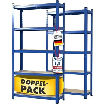 KARAT Set van 2 zware rekken 30 x 75 x 150 cm, steekrek voor kelder, magazijn, TÜV/GS getest, 5 verstelbare planken, blauw KARAT Set van 2 zware rekken 30 x 75 x 150 cm, steekrek voor kelder, magazijn, TÜV/GS getest, 5 verstelbare planken, blauw