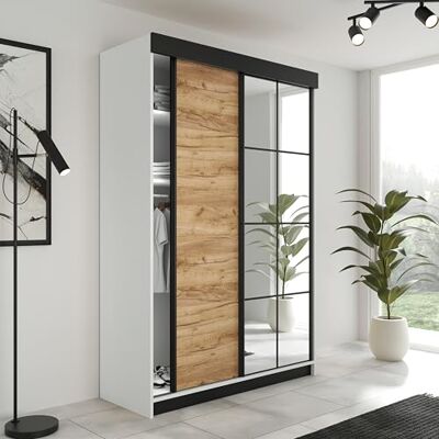 KIER FURNITURE LAMARO Schuifkast met spiegel Slaapkamerkast Wardrobe Slaapkamer Kasten Kledingkasten 138x205x59 Wit & Eiken Handwerk Goud KIER FURNITURE LAMARO Schuifkast met spiegel Slaapkamerkast Wardrobe Slaapkamer Kasten Kledingkasten 138x205x59 Wit & Eiken Handwerk Goud