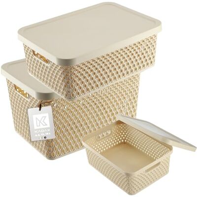 KADAX Set van 3 opbergmanden met deksel, moderne kunststof opbergdoos met ventilatiegaten, 4,5 l, 12 l, 18 l, beige KADAX Set van 3 opbergmanden met deksel, moderne kunststof opbergdoos met ventilatiegaten, 4,5 l, 12 l, 18 l, beige