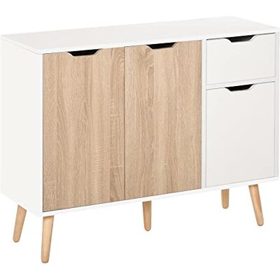 HOMCOM Dressoir Scandinavisch design, 2 ladekasten, schuifpoten, massief hout, grenen, spaanplaat, wit, licht eiken HOMCOM Dressoir Scandinavisch design, 2 ladekasten, schuifpoten, massief hout, grenen, spaanplaat, wit, licht eiken