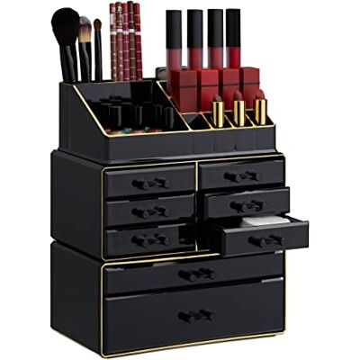 Relaxdays Make-up organizer met laden, stapelbare sieradendoos make-up, acryl make-up opslag, zwart-goud Relaxdays Make-up organizer met laden, stapelbare sieradendoos make-up, acryl make-up opslag, zwart-goud