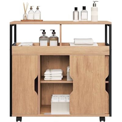 EUGAD Smalle badkamerkast met 2 open vakken, verstelbare plank, schuifdeuren, nisrek met wieltjes, 70 x 70 x 20 cm, licht eiken zwart EUGAD Smalle badkamerkast met 2 open vakken, verstelbare plank, schuifdeuren, nisrek met wieltjes, 70 x 70 x 20 cm, licht eiken zwart