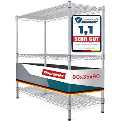 Floordirekt Everest Multifunctioneel opbergrek Ideaal voor keuken, badkamer Draagvermogen: 70 kg per plank Chroom, 90 x 35 x 90 cm 3 planken Floordirekt Everest Multifunctioneel opbergrek Ideaal voor keuken, badkamer Draagvermogen: 70 kg per plank Chroom, 90 x 35 x 90 cm 3 planken
