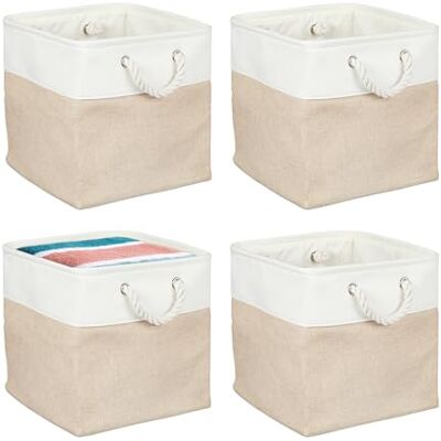 Relaxdays Set van 4 linnen opbergmanden met touwgrepen voor kleding, speelgoed, 30 x 30 x 30 cm, plankmand, beige/wit Relaxdays Set van 4 linnen opbergmanden met touwgrepen voor kleding, speelgoed, 30 x 30 x 30 cm, plankmand, beige/wit
