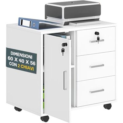 BAKAJI Bureaukast, wit, printerhouder met 1 deur en 3 laden, multifunctionele kast met dubbele sleutel en 360 graden draaibare wielen, aktetas met sleutel, 60 x 40 x 56 cm BAKAJI Bureaukast, wit, printerhouder met 1 deur en 3 laden, multifunctionele kast met dubbele sleutel en 360 graden draaibare wielen, aktetas met sleutel, 60 x 40 x 56 cm