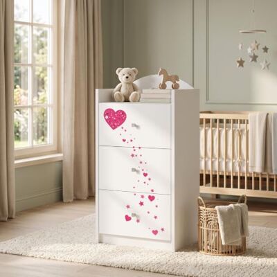 Happy Babies Kindercommode wit met 3 laden, ladekast met mooie print, waskast voor kinderkamer, babykamer, uniseks, nr. 10 Happy Babies Kindercommode wit met 3 laden, ladekast met mooie print, waskast voor kinderkamer, babykamer, uniseks, nr. 10