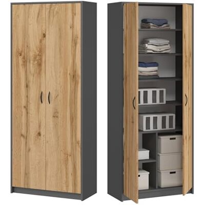 Home Collective Multifunctionele kast, grijs, breedte 74 cm, hoogte 180 cm, met zes legplanken en extra vak, archiefkast van hout, voor slaapkamer Home Collective Multifunctionele kast, grijs, breedte 74 cm, hoogte 180 cm, met zes legplanken en extra vak, archiefkast van hout, voor slaapkamer
