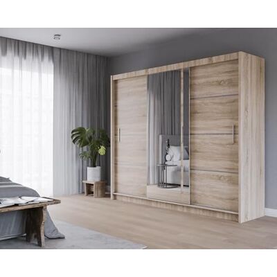Krudox PRVTA Sonoma Schuifdeurkast 250 cm met spiegel, breedte 150/180/200/250 cm, woonkamer met kledingstang, kleuren wit/zwart/sonoma Krudox PRVTA Sonoma Schuifdeurkast 250 cm met spiegel, breedte 150/180/200/250 cm, woonkamer met kledingstang, kleuren wit/zwart/sonoma