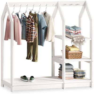 IDIMEX Sally Kledingkast voor kinderen, hoogte 120 cm, van massief hout, wit, met planken, Montessori-kledingrek voor kinderen, met kledingstang en onderste plank IDIMEX Sally Kledingkast voor kinderen, hoogte 120 cm, van massief hout, wit, met planken, Montessori-kledingrek voor kinderen, met kledingstang en onderste plank