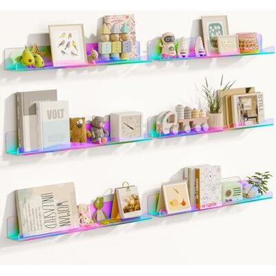 BAKAJI Set van 6 acryl wandplanken in modern design, multifunctioneel wandrek, opbergrek voor slaapkamer, woonkamer, keuken, badkamer, ruimtebesparende boekenkast, BAKAJI Set van 6 acryl wandplanken in modern design, multifunctioneel wandrek, opbergrek voor slaapkamer, woonkamer, keuken, badkamer, ruimtebesparende boekenkast,
