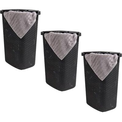 Mind Reader Set van 3 wasmanden met deksel, rieten design, kunststof, 60 l, 45 x 35 x 61 cm (l x b x h), zwart Mind Reader Set van 3 wasmanden met deksel, rieten design, kunststof, 60 l, 45 x 35 x 61 cm (l x b x h), zwart