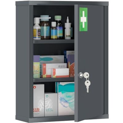 kleankin Pharma afsluitbare kast 3 compartimenten 40x15x53,5cm grijs Apothekerkast, apothekerkast, EHBO-kast met 2 sleutels, staal kleankin Pharma afsluitbare kast 3 compartimenten 40x15x53,5cm grijs Apothekerkast, apothekerkast, EHBO-kast met 2 sleutels, staal