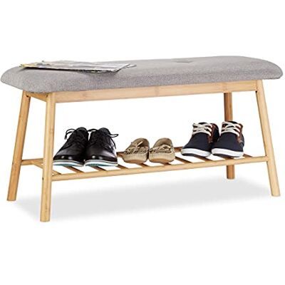 Relaxdays Schoenenbank van bamboe voor 2 personen met schoenensteun voor 4 paar schoenen, comfortabele bank, natuurgrijs, 34 x 90 x 44 cm Relaxdays Schoenenbank van bamboe voor 2 personen met schoenensteun voor 4 paar schoenen, comfortabele bank, natuurgrijs, 34 x 90 x 44 cm