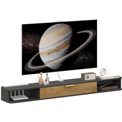 HOMCOM TV-hangkast met klapdeur, 160 x 24 x 16 cm, grijs Houten tv-bank, wandbank, open vakken, kabeldoorvoer, voor woonkamer, slaapkamer HOMCOM TV-hangkast met klapdeur, 160 x 24 x 16 cm, grijs Houten tv-bank, wandbank, open vakken, kabeldoorvoer, voor woonkamer, slaapkamer