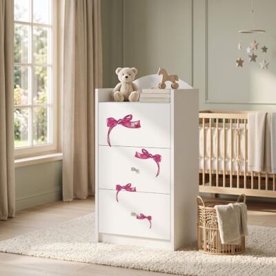 Happy Babies Kindercommode wit met 3 laden, ladekast met mooie print, waskast voor kinderkamer, babykamer, uniseks, nr. 1 Happy Babies Kindercommode wit met 3 laden, ladekast met mooie print, waskast voor kinderkamer, babykamer, uniseks, nr. 1