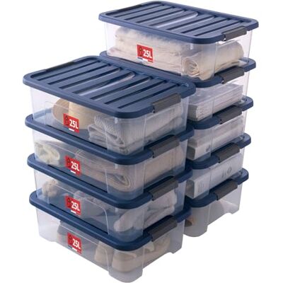 Sundis Wave Box, set van 9 opbergdozen met klikdeksel, 25 l, van transparante kunststof, stapelbaar en stapelbaar, ideaal voor het opbergen van slaapkamer, kleedkamer, kantoor, wasruimte Sundis Wave Box, set van 9 opbergdozen met klikdeksel, 25 l, van transparante kunststof, stapelbaar en stapelbaar, ideaal voor het opbergen van slaapkamer, kleedkamer, kantoor, wasruimte