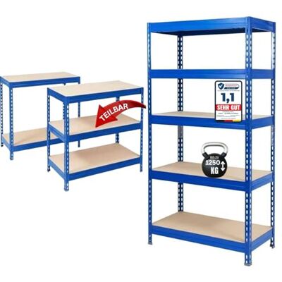 KARAT Rek voor zware lasten, 180 x 90 x 60 cm, staal en metaal, 5 verstelbare planken (blauw) KARAT Rek voor zware lasten, 180 x 90 x 60 cm, staal en metaal, 5 verstelbare planken (blauw)