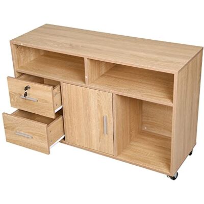 BAKAJI Multifunctionele houten printerkast met 3 planken, 2 laden met sleutel en 1 kast met vakken, bureaukast met beweegbare wielen, 100 x 35 x 65 cm (eiken) BAKAJI Multifunctionele houten printerkast met 3 planken, 2 laden met sleutel en 1 kast met vakken, bureaukast met beweegbare wielen, 100 x 35 x 65 cm (eiken)