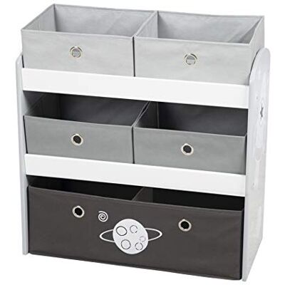 roba Rakete Houten speelgoedrek voor kinderen, 5 afneembare stoffen manden, opbergkast voor speelgoed, 64 x 30 x 60 cm, raketpatroon, grijs/zwart roba Rakete Houten speelgoedrek voor kinderen, 5 afneembare stoffen manden, opbergkast voor speelgoed, 64 x 30 x 60 cm, raketpatroon, grijs/zwart