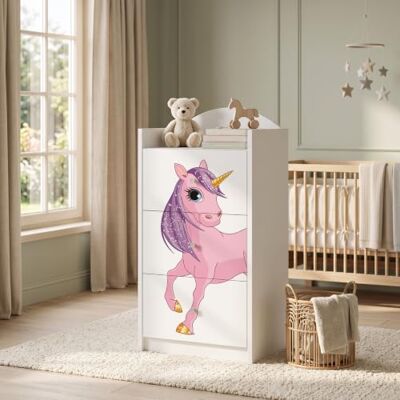 Happy Babies Kindercommode wit met 3 laden, ladekast met mooie print, waskast voor kinderkamer, babykamer, uniseks, nr. 29 Happy Babies Kindercommode wit met 3 laden, ladekast met mooie print, waskast voor kinderkamer, babykamer, uniseks, nr. 29