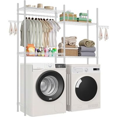 VEVOR Wasmachine- en droogrek met 4 niveaus, droogrek met stang en haken, verstelbare planken met twee rijen, ruimtebesparend, voor bijkeuken, badkamer, wit VEVOR Wasmachine- en droogrek met 4 niveaus, droogrek met stang en haken, verstelbare planken met twee rijen, ruimtebesparend, voor bijkeuken, badkamer, wit