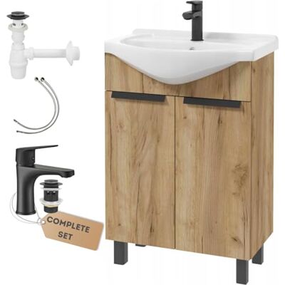 Deftrans Lavabo avec meuble sous-vasque, 60 x 85 x 43,5 cm, avec meuble bas et robinet de lavabo, lavabo pour invités avec meuble bas de 60 cm, en bois, noir, robinetterie clic-clac, kit de siphon Deftrans Lavabo avec meuble sous-vasque, 60 x 85 x 43,5 cm, avec meuble bas et robinet de lavabo, lavabo pour invités avec meuble bas de 60 cm, en bois, noir, robinetterie clic-clac, kit de siphon