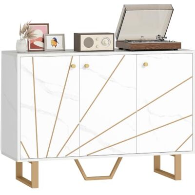 HOMCOM Opbergkast, 107 x 35 x 75 cm (l x b x h), marmerlook, wit Dressoir voor woonkamer, 2 kasten, 3 deuren, verstelbaar rek, metalen poten HOMCOM Opbergkast, 107 x 35 x 75 cm (l x b x h), marmerlook, wit Dressoir voor woonkamer, 2 kasten, 3 deuren, verstelbaar rek, metalen poten