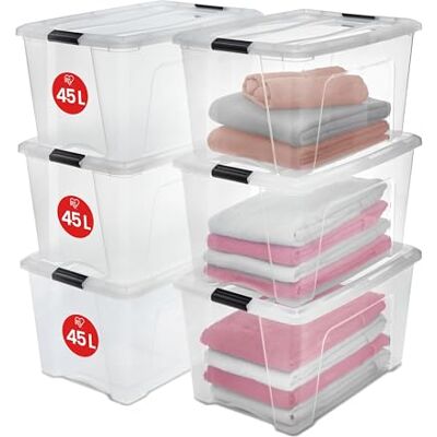 Iris Ohyama , NTB-45 Opbergdoos van kunststof met deksel, 45 l, 6 stuks, transparant, sluitclips, handgreep, stapelbaar, robuust en duurzaam, voor slaapkamer, kleedkamer, kantoor, NTB-45 Iris Ohyama , NTB-45 Opbergdoos van kunststof met deksel, 45 l, 6 stuks, transparant, sluitclips, handgreep, stapelbaar, robuust en duurzaam, voor slaapkamer, kleedkamer, kantoor, NTB-45