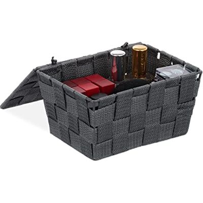 Relaxdays Opbergmand met deksel, gevlochten look, badkamerorganizer (h x b x d): 10,5 x 19,5 x 14,5 cm, kunststof, grijs Relaxdays Opbergmand met deksel, gevlochten look, badkamerorganizer (h x b x d): 10,5 x 19,5 x 14,5 cm, kunststof, grijs