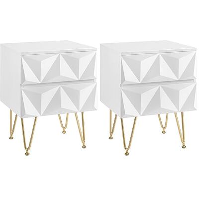 EUGAD Set van 2 nachtkastjes met 2 laden met 3D-effect, nachtkastje voor volwassenen, modern opbergmeubel voor slaapkamer, woonkamer, 40 x 40 x 53 cm, MDF en metaal, wit + goud, 0001CTG-2 EUGAD Set van 2 nachtkastjes met 2 laden met 3D-effect, nachtkastje voor volwassenen, modern opbergmeubel voor slaapkamer, woonkamer, 40 x 40 x 53 cm, MDF en metaal, wit + goud, 0001CTG-2
