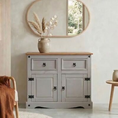 IDIMEX Ramon Eetkamerdressoir L 87 cm van massief hout, grijs en bruin, opbergkast voor volwassenen, 2 laden en 2 deuren met metalen handgrepen, commode Mexicaanse stijl, landhuis IDIMEX Ramon Eetkamerdressoir L 87 cm van massief hout, grijs en bruin, opbergkast voor volwassenen, 2 laden en 2 deuren met metalen handgrepen, commode Mexicaanse stijl, landhuis