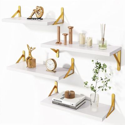 BAKAJI Set van 4 witte houten wandplanken met gouden metalen houders, multifunctionele wandplank, creatieve montage, rek voor slaapkamer, woonkamer, keuken, badkamer, boekenkast weinig BAKAJI Set van 4 witte houten wandplanken met gouden metalen houders, multifunctionele wandplank, creatieve montage, rek voor slaapkamer, woonkamer, keuken, badkamer, boekenkast weinig