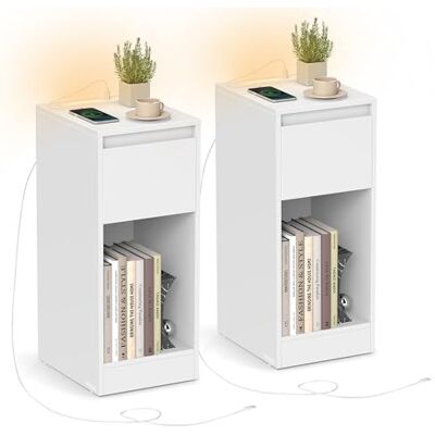 VASAGLE Set van 2 smalle nachtkastjes, met ledverlichting KAILYN LET710B01 Set van 2 bijzettafels, 1 USB-A-poort, 1 lade en open vakken, houtzwart, KAILYN LET710B01 VASAGLE Set van 2 smalle nachtkastjes, met ledverlichting KAILYN LET710B01 Set van 2 bijzettafels, 1 USB-A-poort, 1 lade en open vakken, houtzwart, KAILYN LET710B01