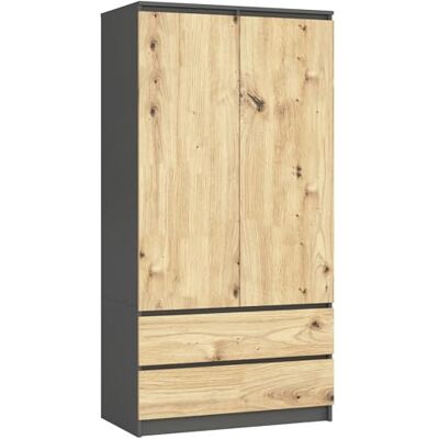 AKORD Kledingkast met twee deuren S 90 cm 2 laden met planken en een kledingstang voor een slaapkamer, minimalistische stijl 16 mm, grafietgrijs en eiken, artistieke voorkant AKORD Kledingkast met twee deuren S 90 cm 2 laden met planken en een kledingstang voor een slaapkamer, minimalistische stijl 16 mm, grafietgrijs en eiken, artistieke voorkant