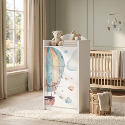 Happy Babies Kindercommode wit met 3 laden, ladekast met mooie print, waskast voor kinderkamer, babykamer, uniseks, nr. 409 Happy Babies Kindercommode wit met 3 laden, ladekast met mooie print, waskast voor kinderkamer, babykamer, uniseks, nr. 409