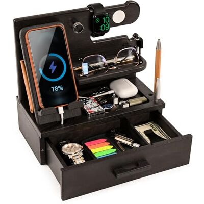 TESLYAR Hout telefoon docking station met lade bureauaccessoires en werkruimte organizer nachtkastje organizer verjaardagscadeau voor mannen of papa idee TESLYAR Hout telefoon docking station met lade bureauaccessoires en werkruimte organizer nachtkastje organizer verjaardagscadeau voor mannen of papa idee