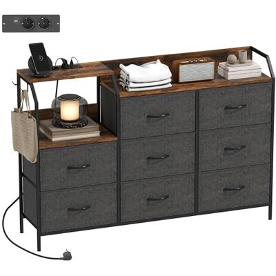 HOMCOM Commode met laadstation, 8 opvouwbare stoffen laden, commode slaapkamer, opbergkast, open rek en haken, stalen frame, voor slaapkamer, woonkamer, hal, rustiek bruin HOMCOM Commode met laadstation, 8 opvouwbare stoffen laden, commode slaapkamer, opbergkast, open rek en haken, stalen frame, voor slaapkamer, woonkamer, hal, rustiek bruin