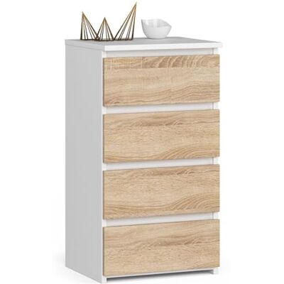 AKORD Commode met 4 laden, laden met wielen, kast, dressoir met plank, robuust, wit, Sonoma eiken AKORD Commode met 4 laden, laden met wielen, kast, dressoir met plank, robuust, wit, Sonoma eiken