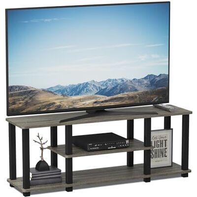 Furinno Turn No Tools 3D-tv-meubel met 3 niveaus, met vierkante buis, Frans eiken, grijs/zwart, eenheidsmaat Furinno Turn No Tools 3D-tv-meubel met 3 niveaus, met vierkante buis, Frans eiken, grijs/zwart, eenheidsmaat