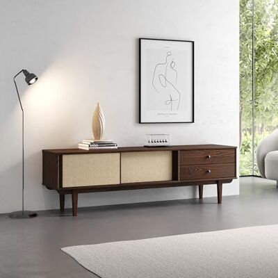 IDIMEX Simona 75 inch lage kast met rotan vlechtwerk massief grenen walnoot 175 cm Mid-Century design TV-kast met 2 laden en schuifdeuren Retro tv-kast Woonkamer IDIMEX Simona 75 inch lage kast met rotan vlechtwerk massief grenen walnoot 175 cm Mid-Century design TV-kast met 2 laden en schuifdeuren Retro tv-kast Woonkamer