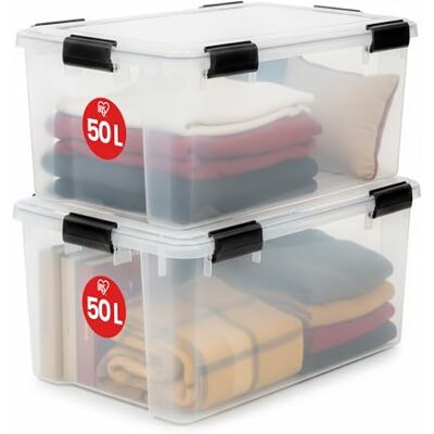Iris Ohyama Set van 2 opbergdozen, 50 liter, hermetisch, met clips, stapelbaar, garage, kelder, zolder, luchtdichte AT-SD-opbergdoos, doorzichtig Iris Ohyama Set van 2 opbergdozen, 50 liter, hermetisch, met clips, stapelbaar, garage, kelder, zolder, luchtdichte AT-SD-opbergdoos, doorzichtig