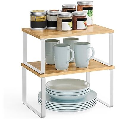SONGMICS KCS02NW Kruidenrek, 2 stuks keukenorganizer, werkbladplanken, kasthouders, stapelbaar, metalen frame, houtkleur en wit SONGMICS KCS02NW Kruidenrek, 2 stuks keukenorganizer, werkbladplanken, kasthouders, stapelbaar, metalen frame, houtkleur en wit